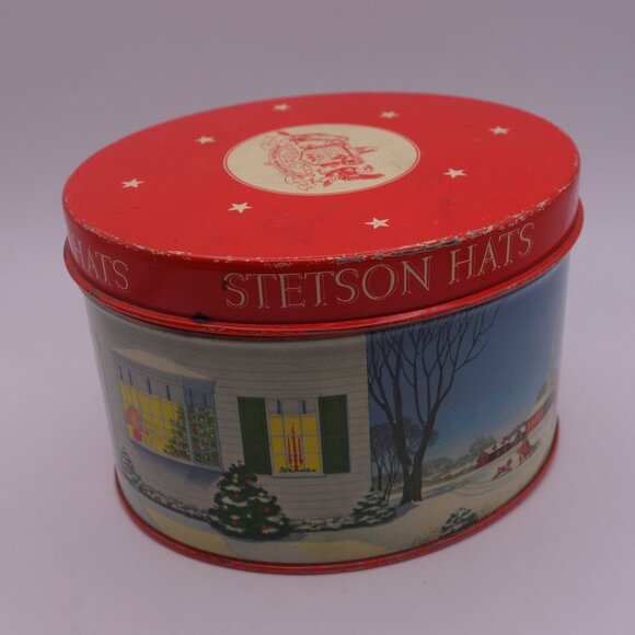 Vintage Stetson Hat Made in U.S.A. Christmas Scene Tin - Picture 1 of 16